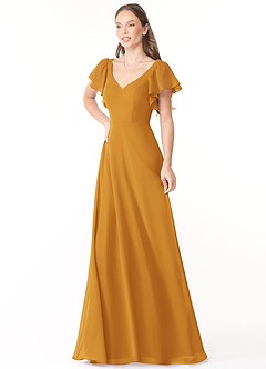 Azazie Syenna Brautjungfernkleider A-Linie Gestreift Chiffon Kleid Butterscotch image4