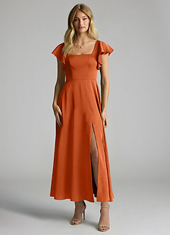 Azazie Bondi 신부 들러리 드레스 A라인 셔링 스트레치 새틴 발목 길이 드레스 image4