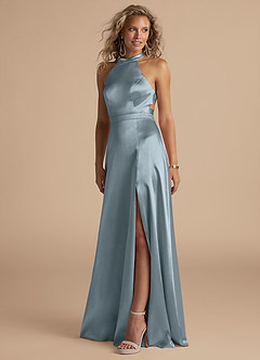 Azazie Clarice At-home Try On Dresses Auburn A-Line High Neck Metallic Satin Dress image1