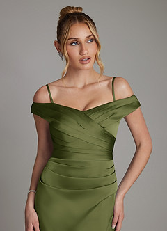Azazie Teyana Bridesmaid Dresses Olive Sheath Off the Shoulder Stretch Satin Dress image3