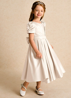 Azazie Miriam Flower Girl Dresses White Alabaster Ball-Gown Pleated Matte Satin Dress image6