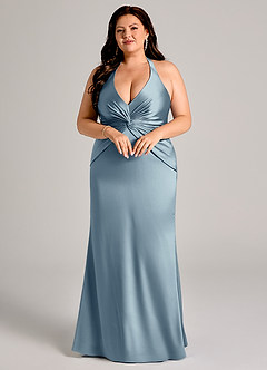 Azazie Valerie Bridesmaid Dresses Dusty Blue Mermaid Pleated Stretch Satin Dress image3
