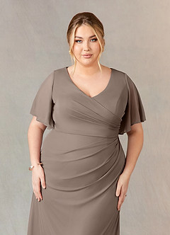 Azazie Selah Kleider für die Brautmutter A-Linie V-Hals Gerüscht Gittergewebe Kleid Taupe image9