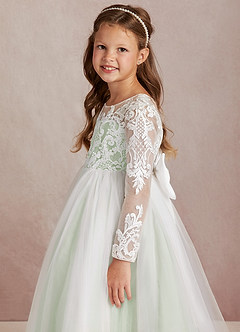 Azazie Elodie Flower Girl Dresses Ivory Dusty Sage Ball-Gown Lace Dress image6