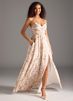 Azazie Alia Bridesmaid Dresses Pink Fern Floral A-Line Pleated Chiffon Dress image3