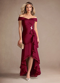 Azazie Billings Mother of the Bride Dresses Burgundy Mermaid Off the Shoulder Stretch Satin Dress image1