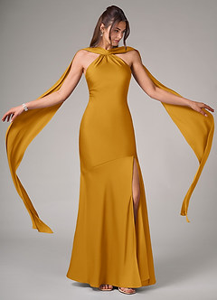 Azazie Kinsley Robes de demoiselle d'honneur Robe Sirène en Satin extensible Fente Latérale Caramel écossais image2