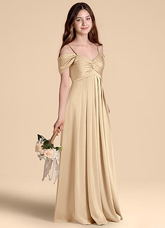 Azazie Kaitlynn Junior Jurk van Stretch Satijn met A-Lijn Off the Shoulder Champagne image5