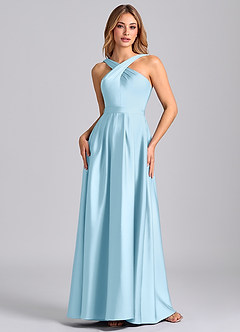 Azazie Dixie 신부 들러리 드레스 A라인 주름진 스트레치 새틴 바닥 길이 드레스 image4