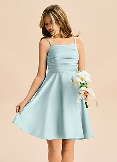 Azazie Miko Junior Linia A Pofałdowany Satyna elastyczna Mini Młodsza druhna Sukienka image4