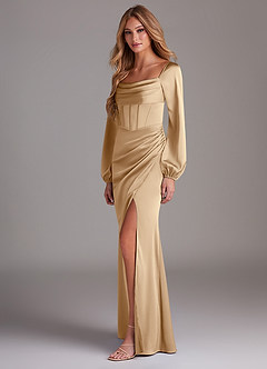 Azazie Charissa Bridesmaid Dresses Champagne Sheath Long Sleeve Stretch Satin Dress image5