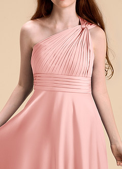 Azazie Charlize Junior Powder Pink A-Line Pleated Stretch Satin Dress image13