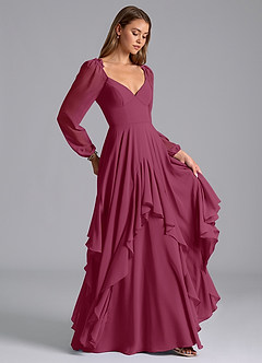 Azazie Karan Bridesmaid Dresses Mulberry A-Line Long Sleeve Chiffon Dress image4