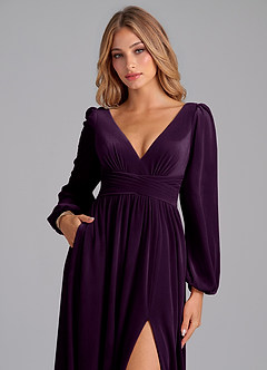 Azazie Norah Bridesmaid Dresses Grape A-Line Long Sleeve Velvet Dress image2