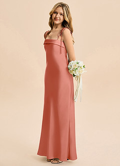 Azazie Willa Junior Vestido Rosa Salmón de Satén Elástico de Corte Sirena con Lazo image3