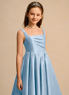 Azazie Mochi Girls Formal Vestidos de florista Vestido Pó Azul de Cetim fosco de Vestido de baile com Plissado image7