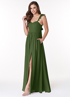 Azazie Metz Brautjungfernkleider A-Linie Herzchen Gerüscht Chiffon Kleid Olivgrün image4