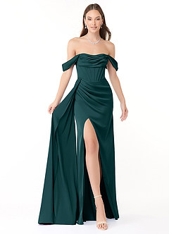 Azazie Amyra Bridesmaid Dresses Pine Sheath Off the Shoulder Stretch Satin Convertible Dress image1