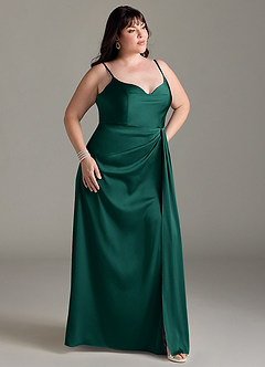 Azazie Brielle Robes de demoiselle d'honneur Robe Trapèze en Satin extensible Bretelles spaghetti émeraude image9