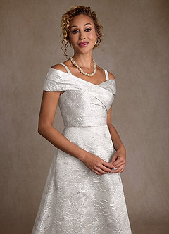 Azazie Lacey Mother of the Bride Dresses Silver Jacquard A-Line Off the Shoulder Floral Jacquard Dress image5
