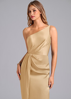 Azazie Naria Bridesmaid Dresses Gold Sheath One Shoulder Stretch Satin Dress image7