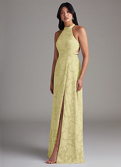 Azazie Clarice Bridesmaid Dresses Lemon Sorbet A-Line Side Slit Floral Burnout Dress image3