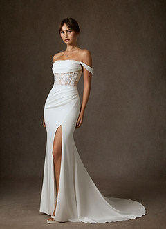 Azazie Alyce Vestidos de novia Vestido de Blanco Diamante Nude de Satén con cara trasera de crepé de Corte Sirena con Vestidos sin tirantes image1