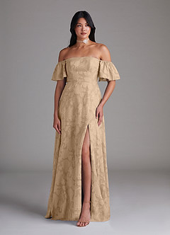 Azazie Sue Robes de demoiselle d'honneur Robe Trapèze Convertible en Blumen-Burnout Épaule décolletée Champagne image5