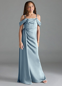 Azazie Amyra Junior Dusty Blue Sheath Off the Shoulder Stretch Satin Dress image3