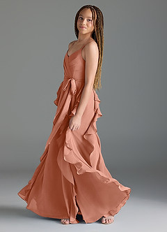 Azazie Peyton Junior A-Linie Kaskadierende Rüschen mit V-Ausschnitt Chiffon Kleid Mai Tai image4