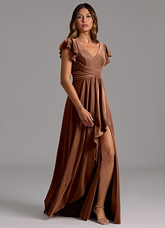 Azazie Omari Vestidos de damas de honor Vestido de Ocre Oscuro de terciopelo de Corte en A con Plisado image3