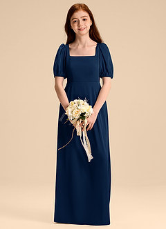 Azazie Briar Junior Robe Trapèze en Satin extensible Arc Bleu Marine Foncé image1