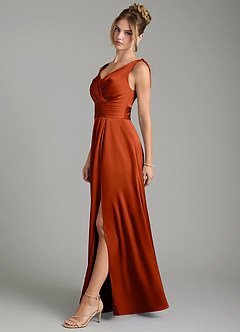 Azazie Karina Bridesmaid Dresses Paprika A-Line Pleated Stretch Satin Dress image3