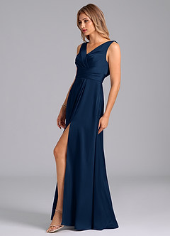 Azazie Karina Bridesmaid Dresses Dark Navy A-Line Pleated Stretch Satin Dress image3