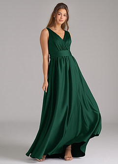 Azazie Kora Bridesmaid Dresses Dark Green A-Line Pleated Stretch Satin Dress image4