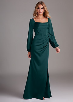Azazie Charissa Bridesmaid Dresses Pine Sheath Long Sleeve Stretch Satin Dress image6