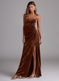 Azazie Leo Bridesmaid Dresses Umber Sheath Pleated Velvet Dress image1