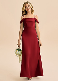 Azazie Lettie Junior A-Linie Schulterfrei Stretch-Satin Kleid Granatapfelrot image2