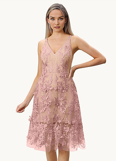 Chris Light Pink Lace 3D Flowers Midi Dress Ready to Ship | Azazie