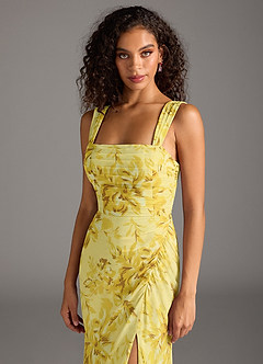 Azazie Jesaphine Vestidos de damas de honor Vestido de Sorbete De Limón Con Flores de Gasa de Corte Recto con Lazo image4