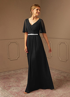 Azazie Tricia Black A-Line V-Neck Pleated Chiffon Dress | Azazie CA