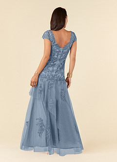 Azazie Romy vestidos de madre de la novia Vestido de Azul Polvoriento de Tul de Sirena con Cuello en V Lentejuelas image3