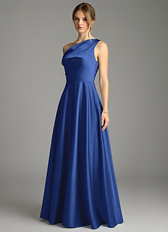 Azazie Xanthe Bridesmaid Dresses Royal Blue A-Line Off the Shoulder Stretch Satin Dress image4