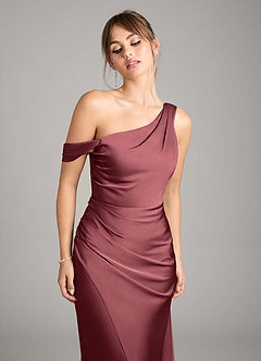 Azazie Madelyn Bridesmaid Dresses Merlot Mermaid One Shoulder Stretch Satin Convertible Dress image4