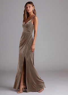 Azazie Maci Bridesmaid Dresses Silver Taupe Sheath Pleated Velvet Dress image3