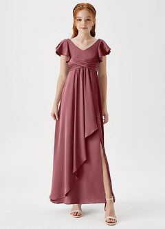 Azazie Omari Junior Desert Rose A-Line Pleated Stretch Satin Dress image4