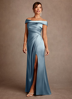 Azazie Bedford Abiti per la Madre della Sposa Abito Tubino in Raso Elasticizzato Plissettato Blu Polveroso image2