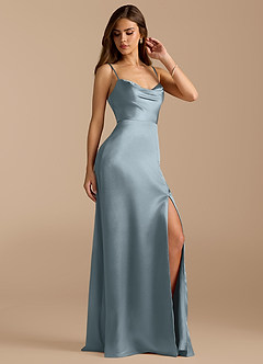 Azazie Erma Bridesmaid Dresses Dusty Blue A-Line Side Slit Metallic Satin Dress image3