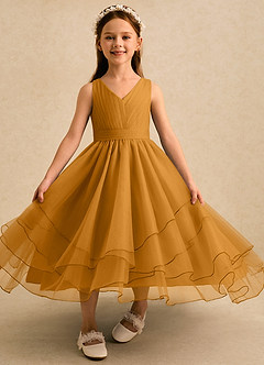 Azazie Seraphina Blumenmädchenkleider A-Linie Plissee Tüll Kleid Butterscotch image4