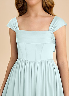 Azazie Hattie Junior Sea Glass A-Line Pleated Stretch Satin Dress image9